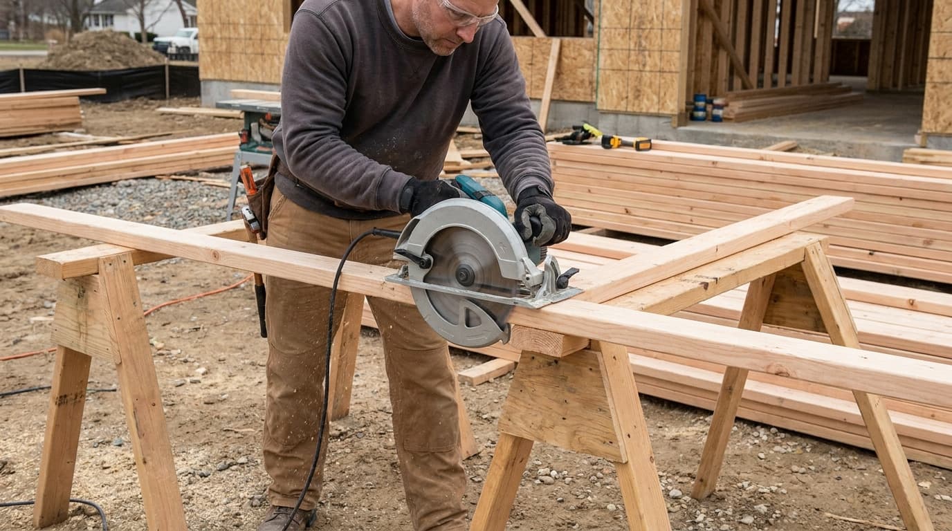 Man in gray sweatshirt and safety glasses uses a circular saw to cut lumber on sawhorses, house framing visible behind him.