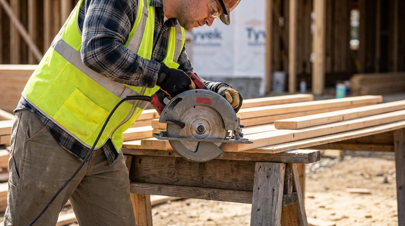 Worker in yellow safety vest, hardhat, and glasses cuts a wooden board with a corded circular saw on a wooden bench at a framing site.