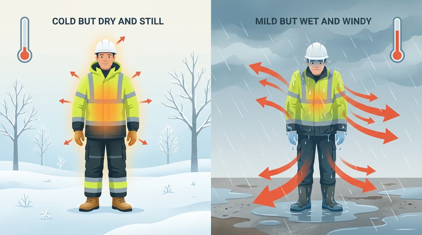 Ilustração dividida comparando dois trabalhadores de colete de alta visibilidade e casco: um em neve seca e imóvel, outro sob chuva fria e ventosa com setas de perda de calor e termômetros.