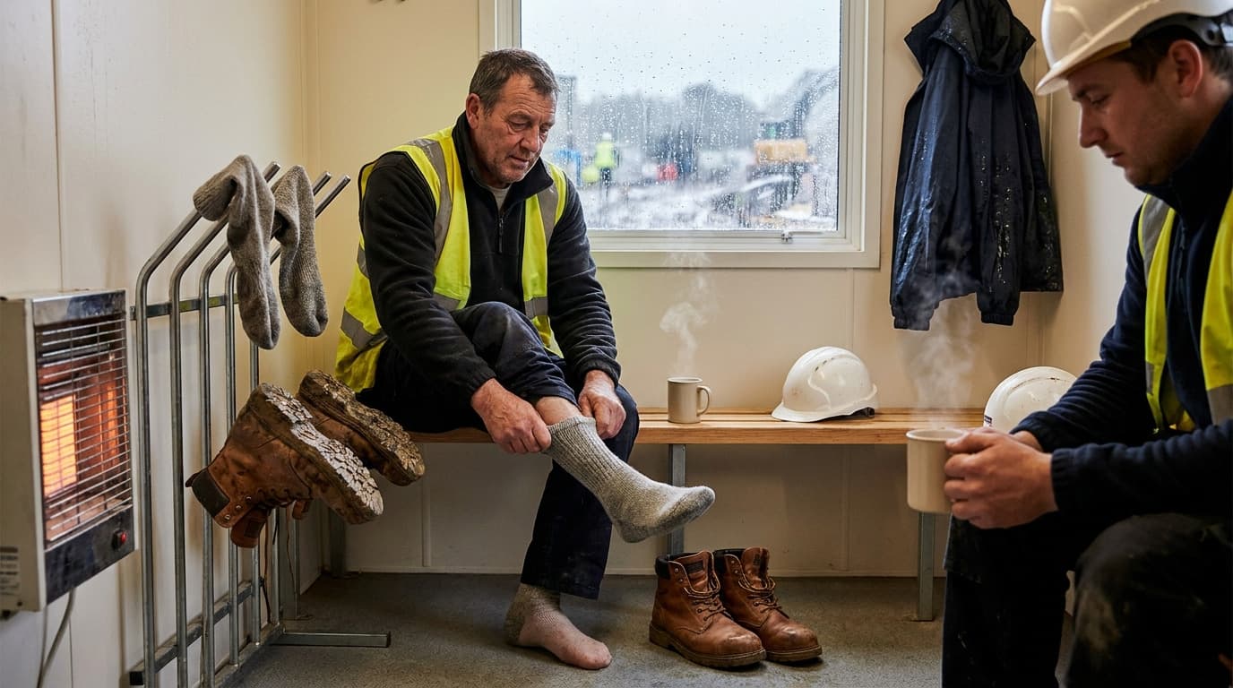 Dois trabalhadores em uma cabine de obra: um retira as botas molhadas e veste meias de lã secas perto de um aquecedor, outro segura uma caneca fumegante com cascos e colete próximos.
