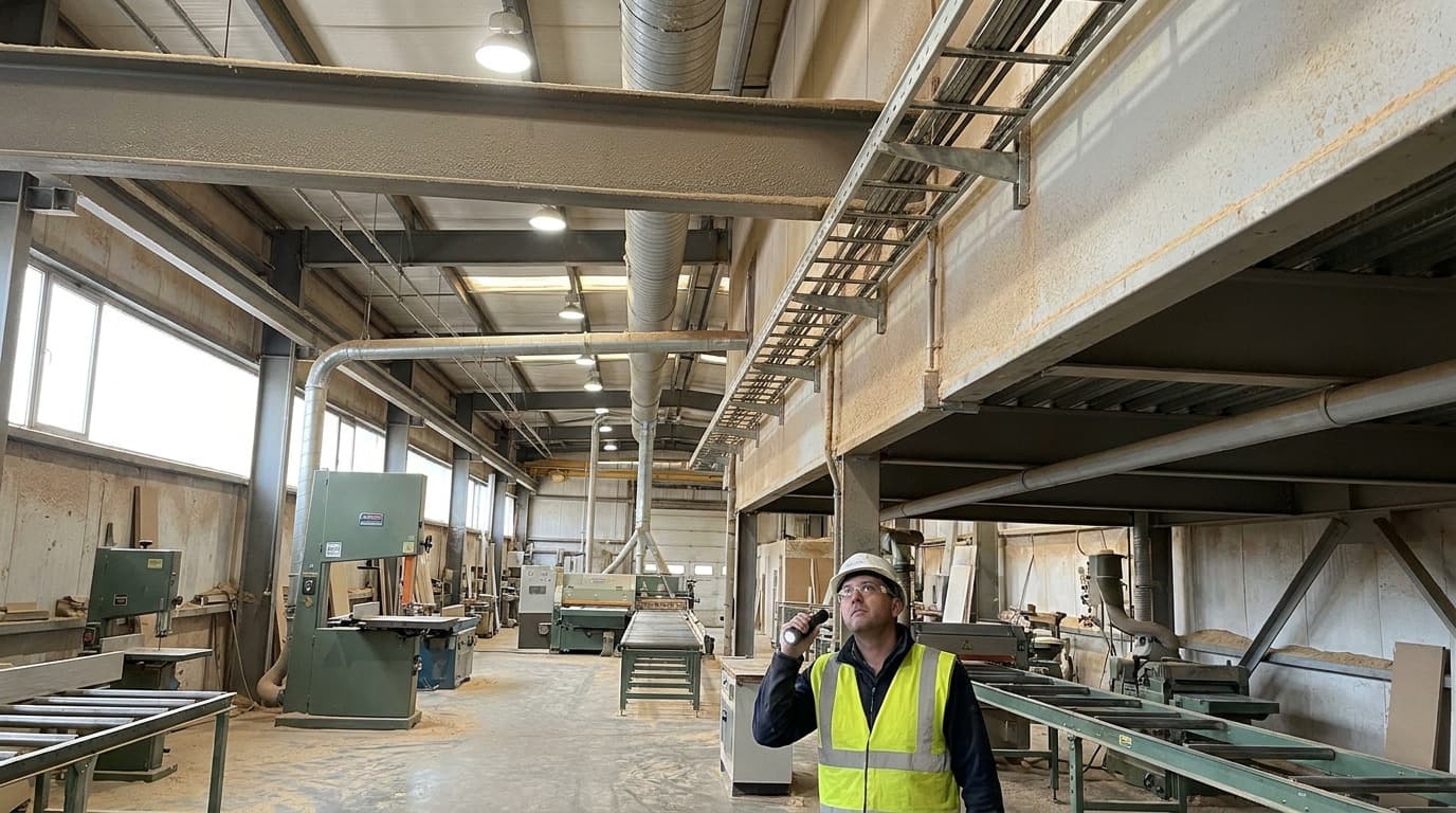 Man in hi-vis vest and hard hat holds a flashlight, looking up at overhead steel beams and mezzanine structure inside a wood-processing workshop.
