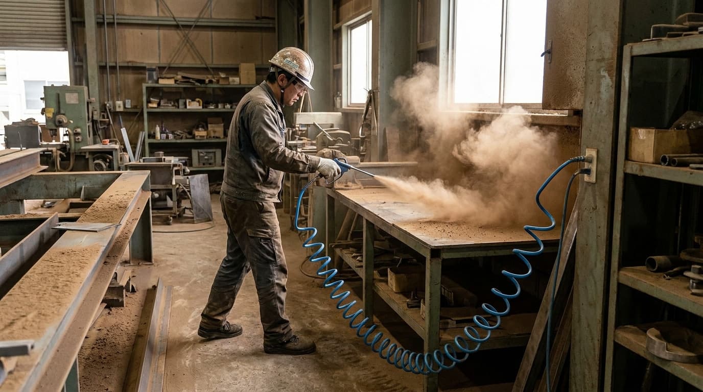 Worker in hard hat and coveralls uses a compressed air nozzle to blow dust off a workbench, creating a large dust cloud in an indoor shop.
