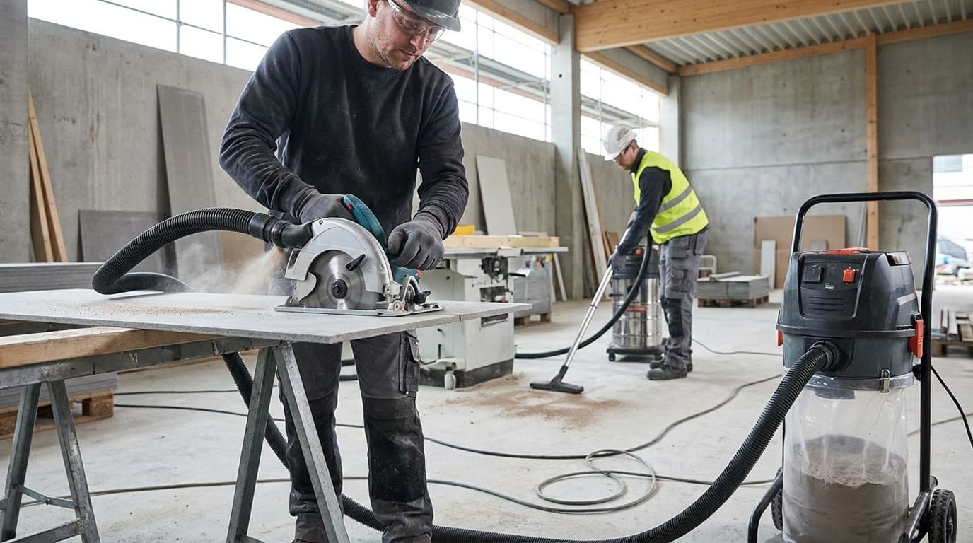 Worker cuts a board with a dust-extraction circular saw while another worker in hi-vis vacuums the floor with an industrial dust extractor nearby.