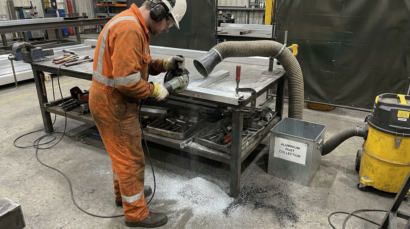Worker in orange coveralls and hard hat grinds a metal panel at a workbench, with a fume extraction hose above and a labeled aluminium dust collection box below.