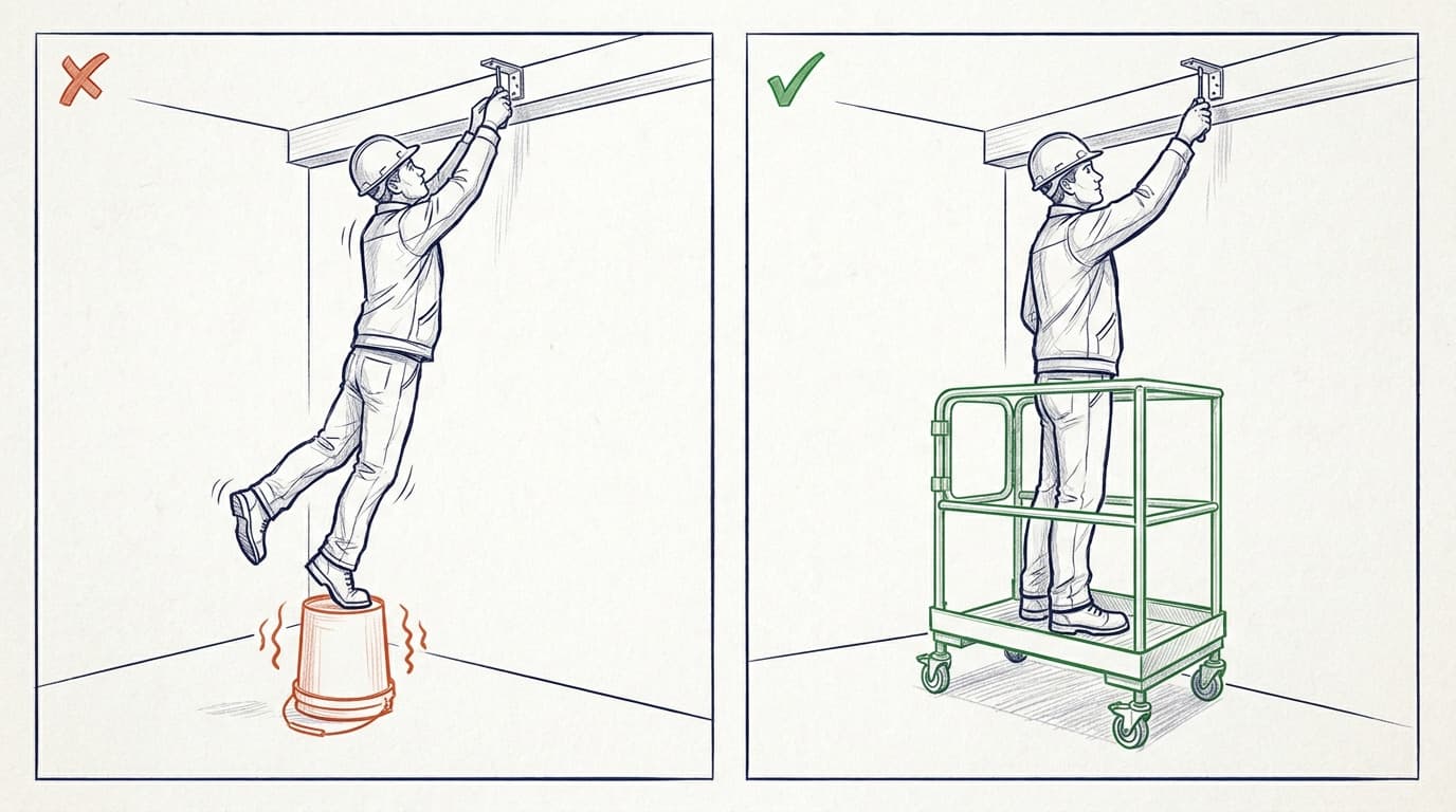 Ilustração dividida: à esquerda um trabalhador de capacete se equilibra sobre um balde instável alcançando algo acima, marcado com um X vermelho; à direita outro trabalhador está em pé com segurança sobre uma plataforma com rodas alcançando o mesmo suporte, marcado com um check verde.