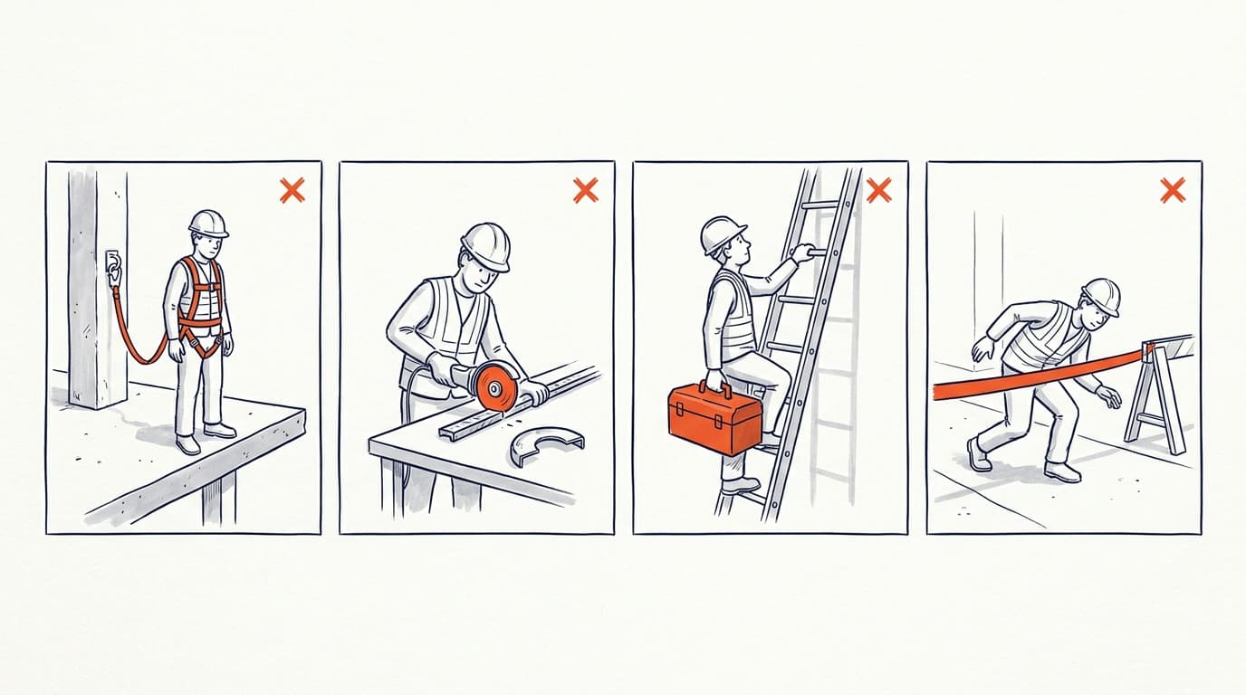 Quatro painéis ilustrados, cada um marcado com um X vermelho: um trabalhador sobre uma viga com o talabarte solto, outro esmerilhando sem proteção, outro subindo uma escada com uma caixa de ferramentas na mão, e outro arrastando uma cinta entre cavaletes enquanto tropeça.