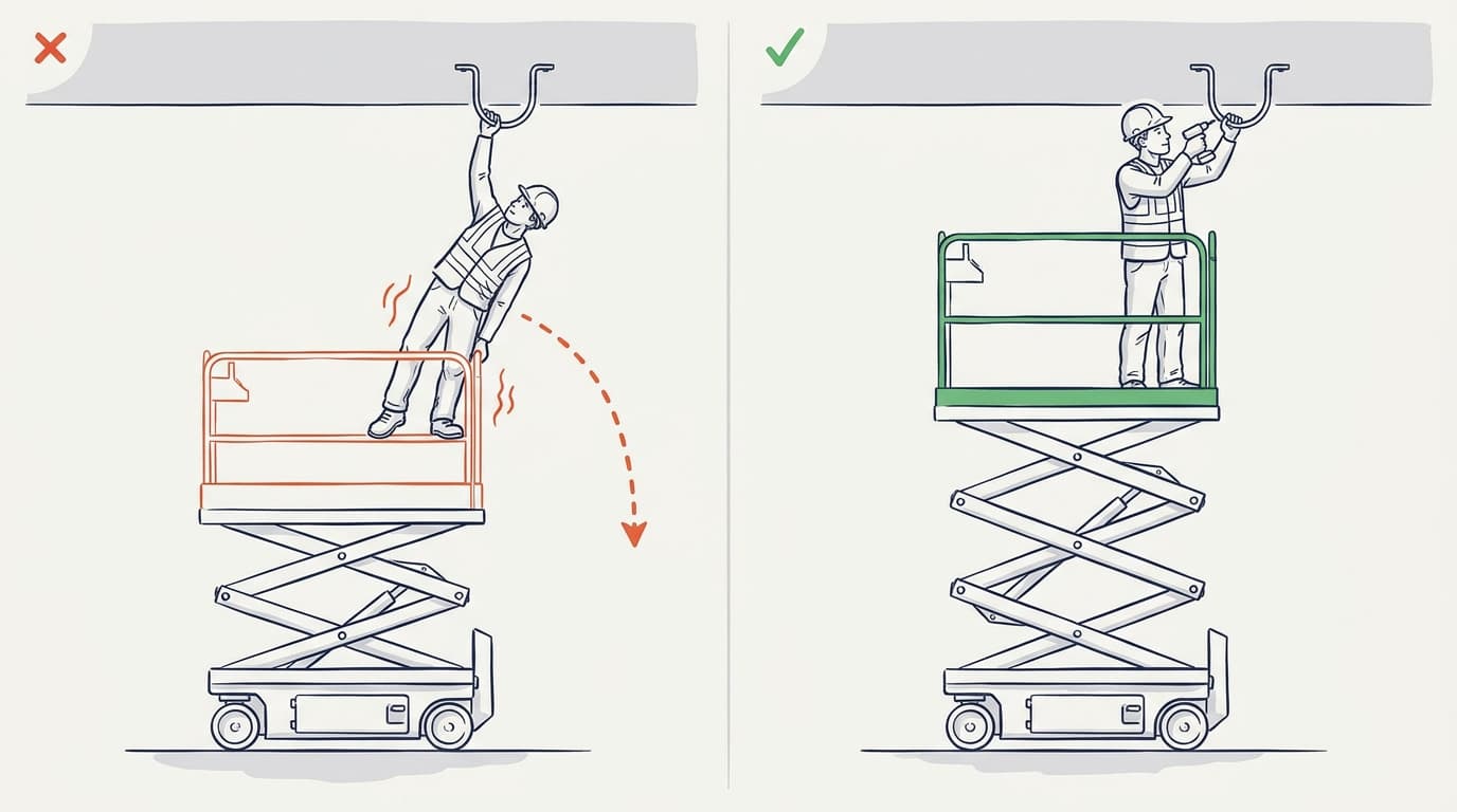Ilustração dividida: à esquerda um trabalhador se inclina para fora da borda de uma plataforma tesoura para alcançar um gancho acima, marcado com um X vermelho; à direita outro trabalhador está centrado na plataforma usando uma furadeira com segurança, marcado com um check verde.