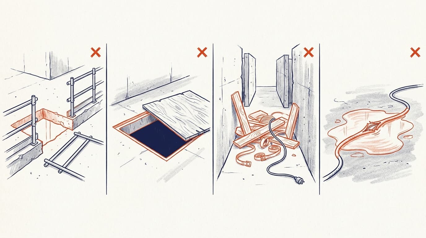 Four sketched panels marked with red X's: an open trench edge with guardrail and ladder, an open floor hatch, scattered timber planks and cables in a corridor, and a liquid spill with a cable running through it.