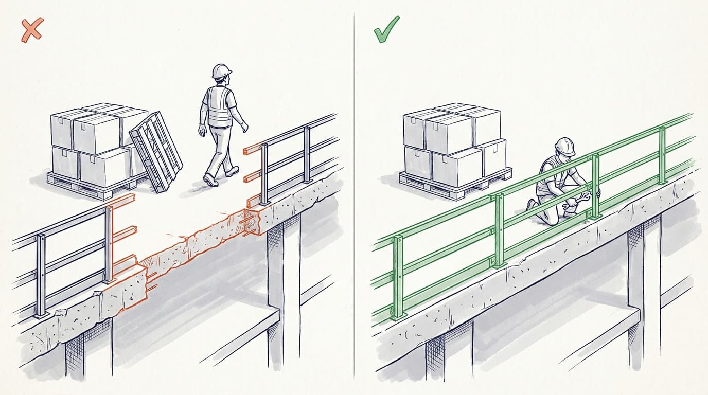 Split illustration comparing a damaged, gapped guardrail on an elevated platform where a worker walks near boxes, versus a complete green guardrail being installed by a kneeling worker.