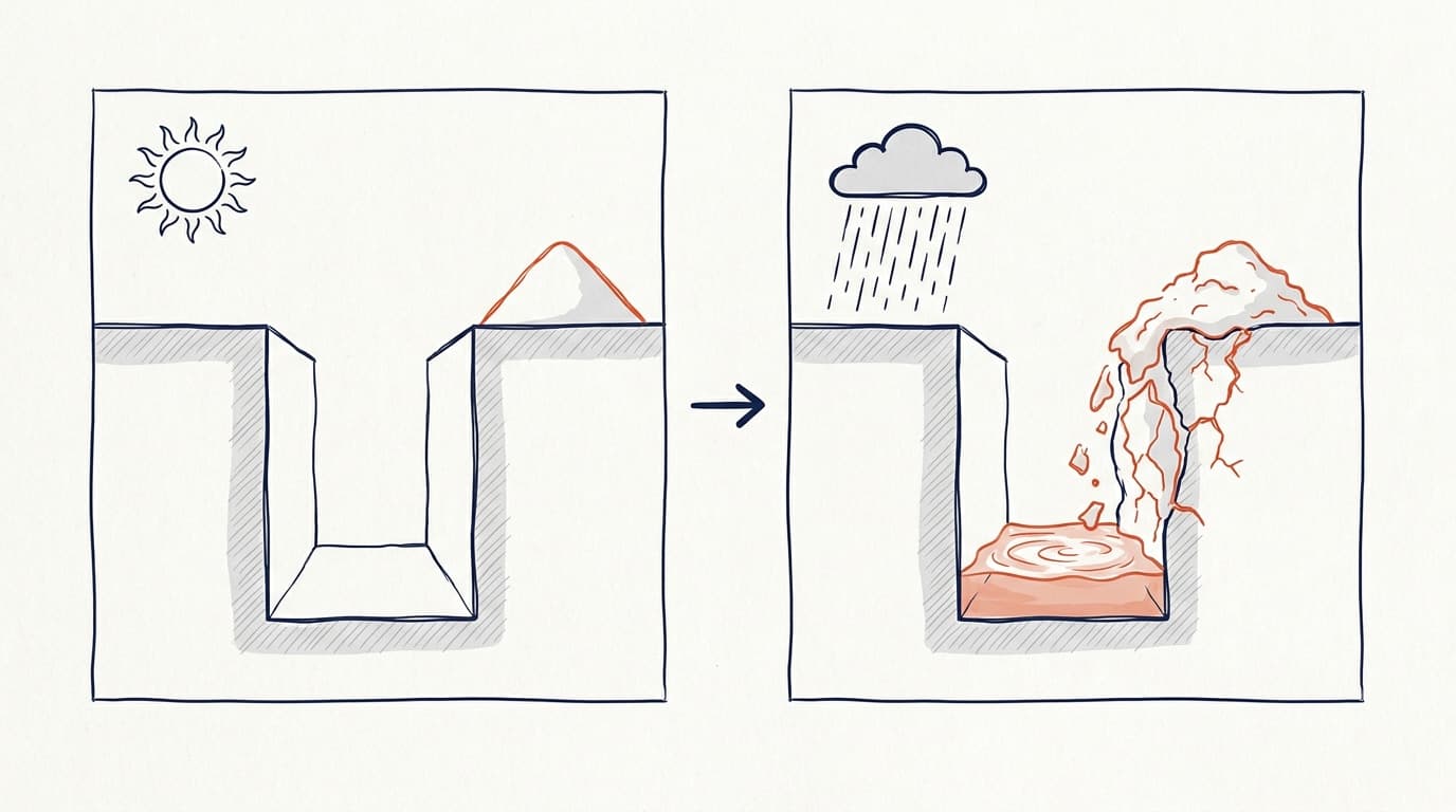 Two diagrams of an excavation trench: left shows dry sunny conditions with soil piled at the edge, right shows rain causing the trench wall to collapse and fill with water.