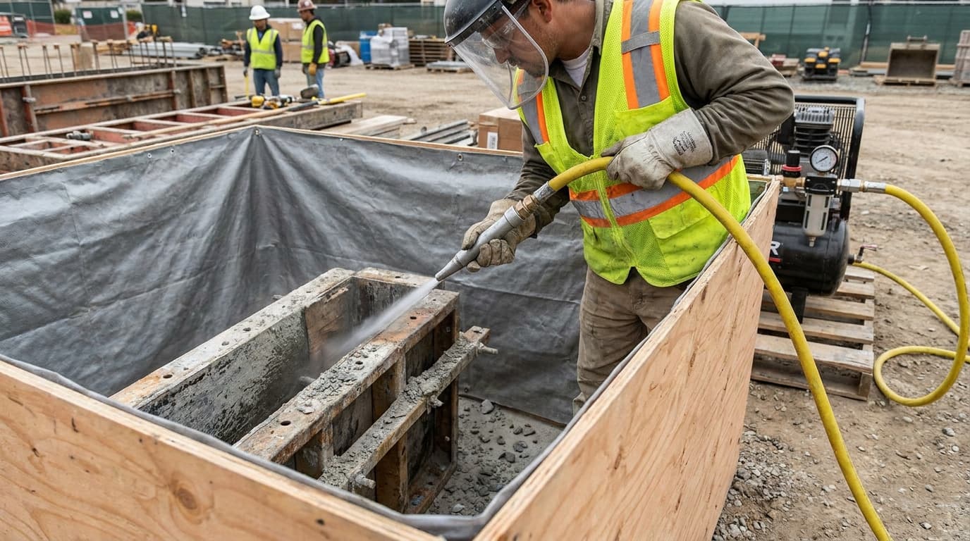 Worker in face shield, vest, and gloves uses compressed air hose to clean a concrete form box, with an air compressor and two workers with hardhats in background.