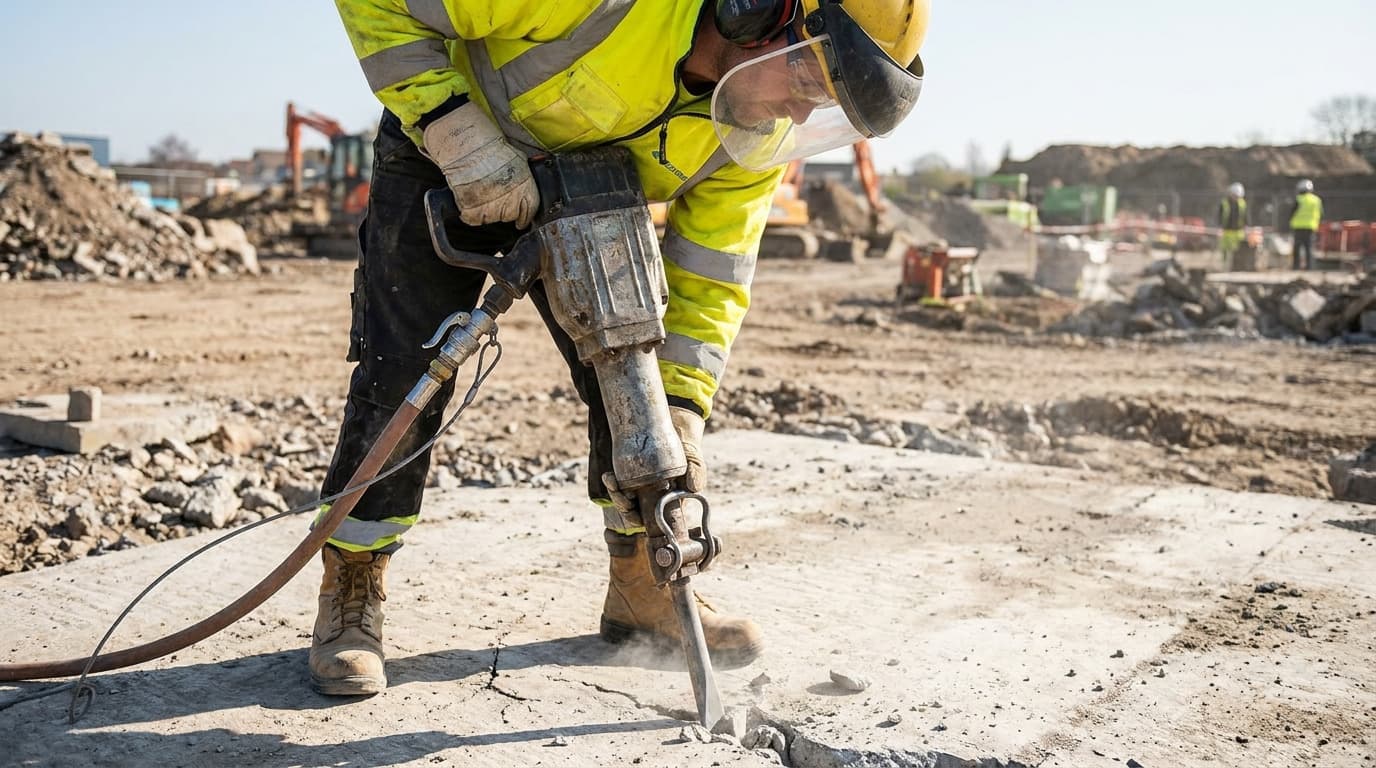 Worker wearing hi-vis jacket, face shield, and ear protection operates a pneumatic jackhammer breaking concrete, with excavators and other workers visible in background.