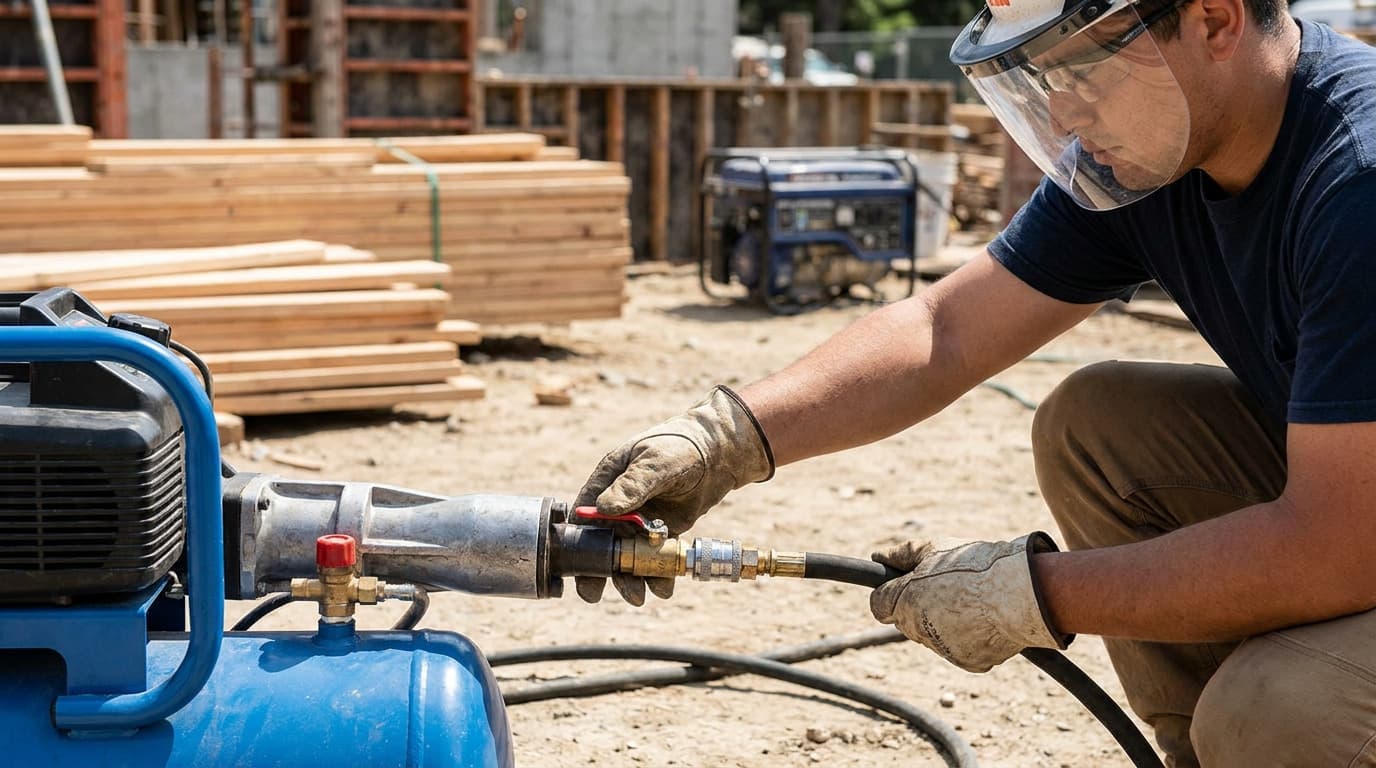 Kneeling worker in face shield and gloves connects a hose fitting to a blue air compressor, with lumber stacks and a generator behind him.