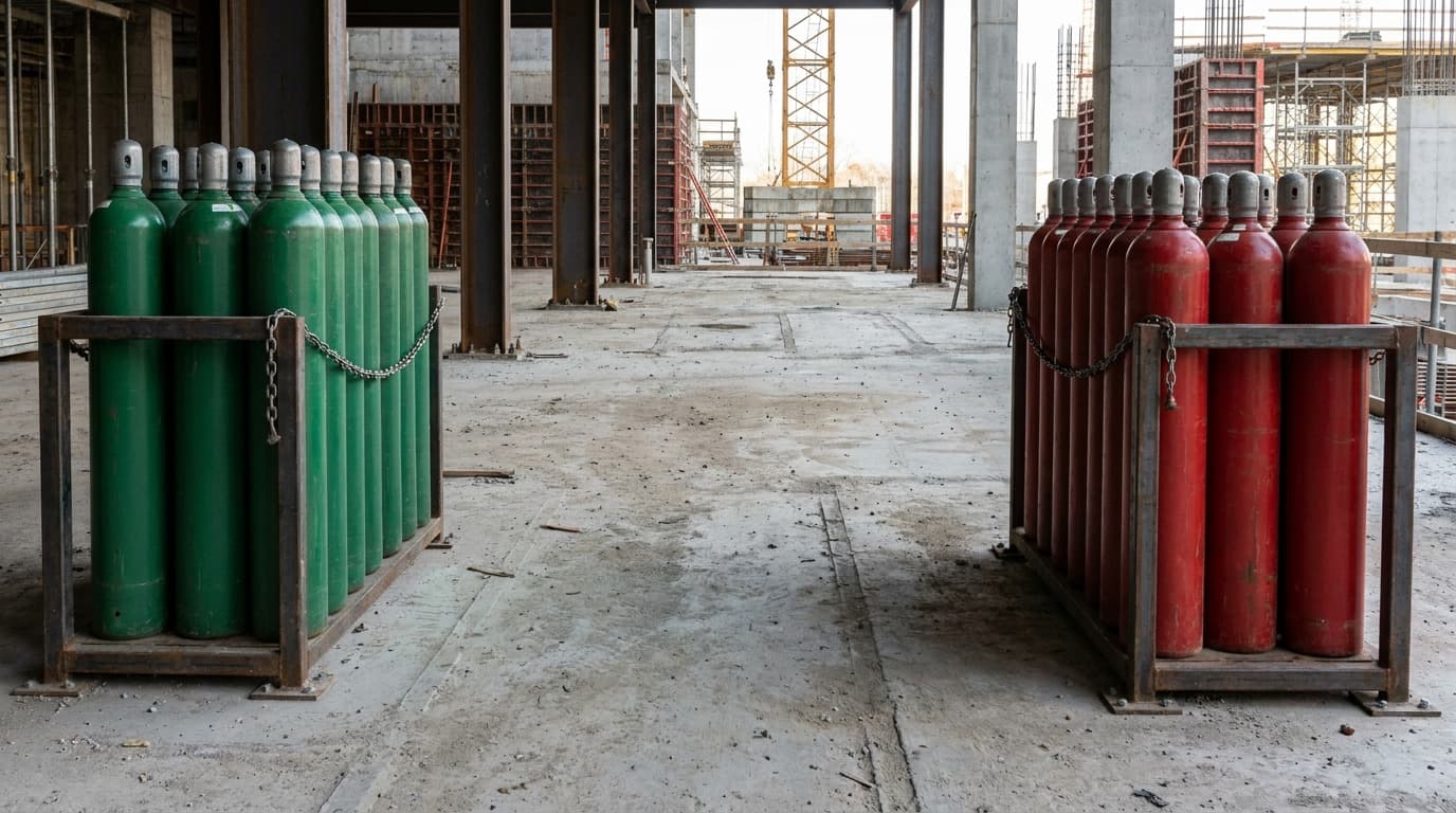 Fileiras de cilindros de gás verdes e vermelhos presos com correntes em racks metálicos sobre piso de concreto dentro de uma estrutura de edificação inacabada.