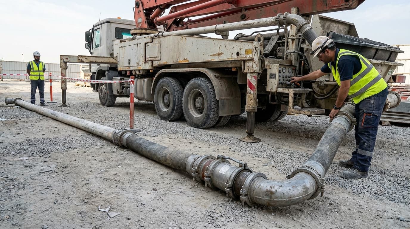 Worker in hard hat and vest operates control panel on concrete pump truck while another worker stands near pipeline sections on gravel ground.