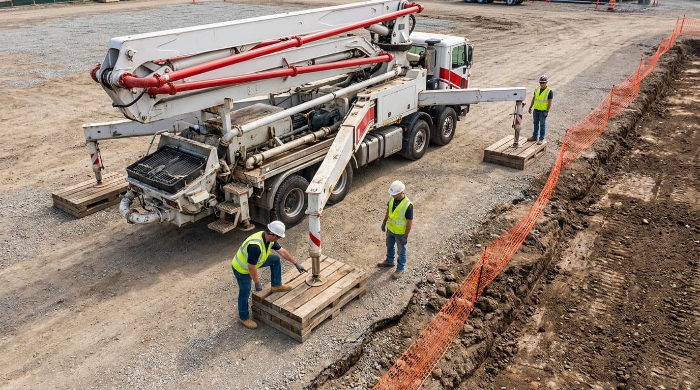 Aerial view of concrete pump truck with outriggers on wooden cribbing, three workers nearby, orange safety fencing along an excavated trench.