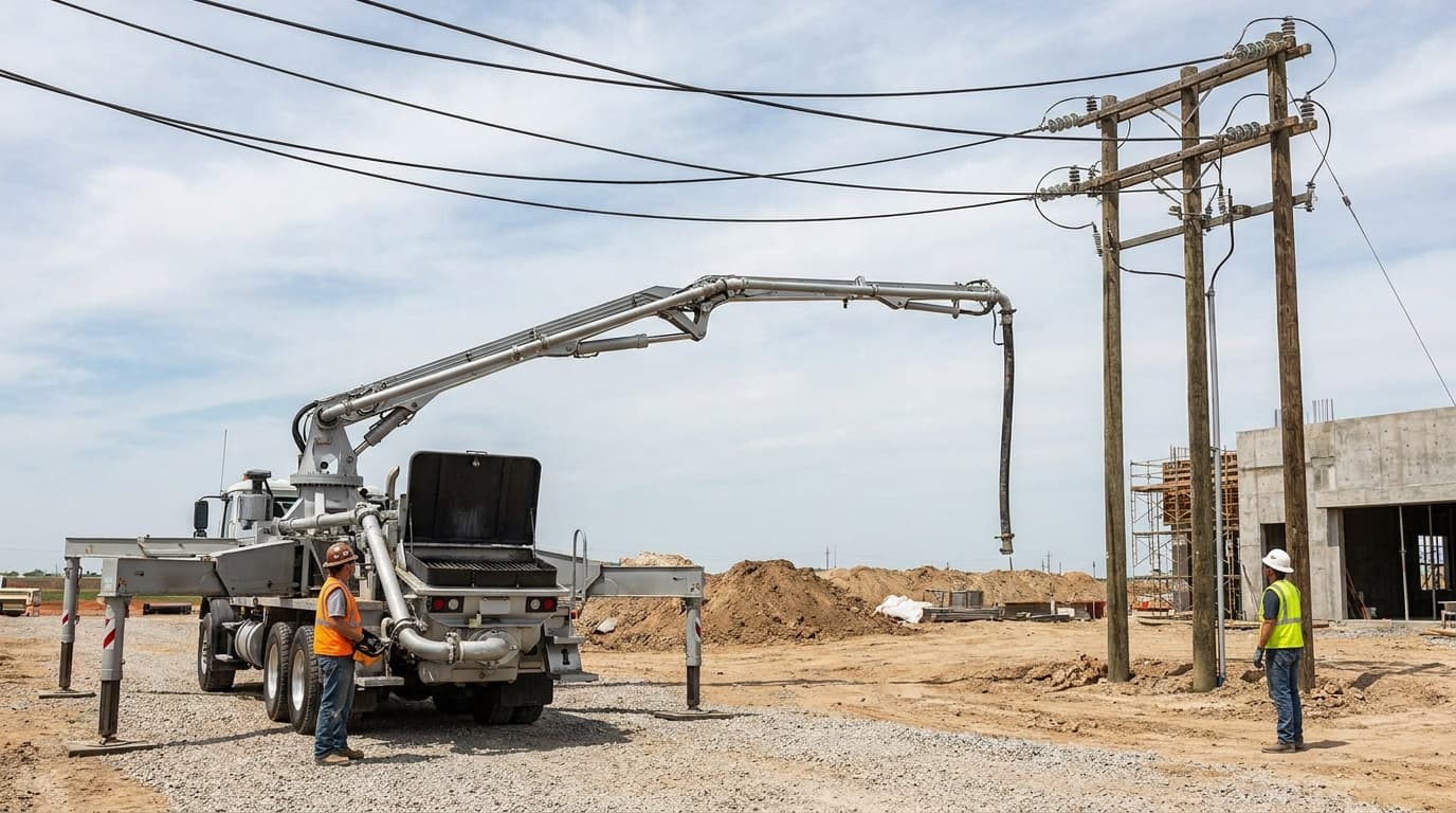 Concrete pump truck extends boom near overhead power lines while two workers in hard hats and vests stand beside the truck at a construction site.