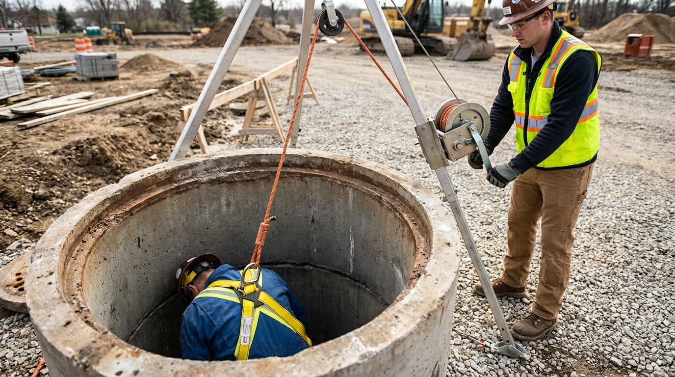 Worker in harness descends into a concrete manhole vault using a tripod and winch system, while another worker in a hard hat operates the winch above ground.