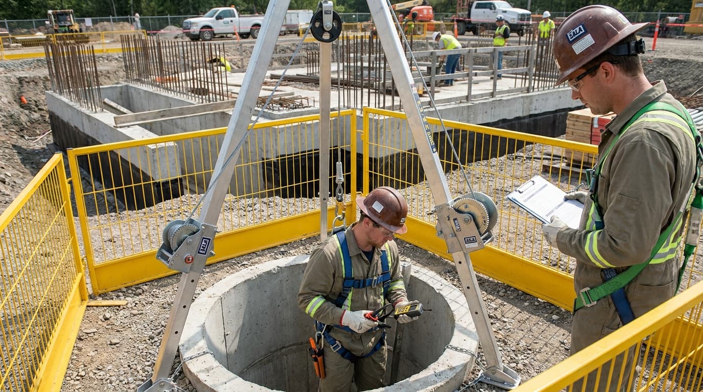 Two workers wearing harnesses stand near a tripod and winch above a concrete vault opening inside a yellow barricade fence at a construction site, one holding a clipboard.