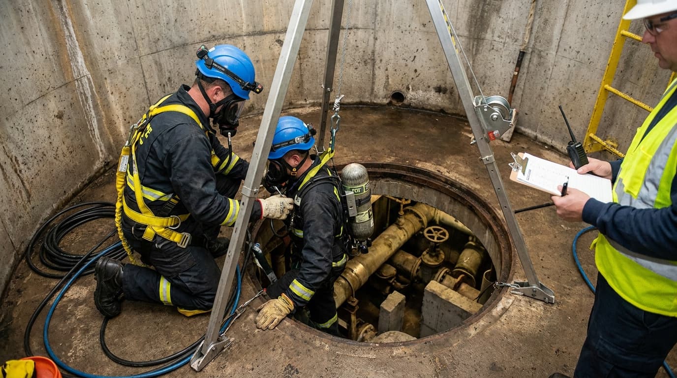 Two firefighters with breathing apparatus and helmets lean into a circular manhole containing pipes and valves, tethered to a tripod winch, as a third person takes notes nearby.