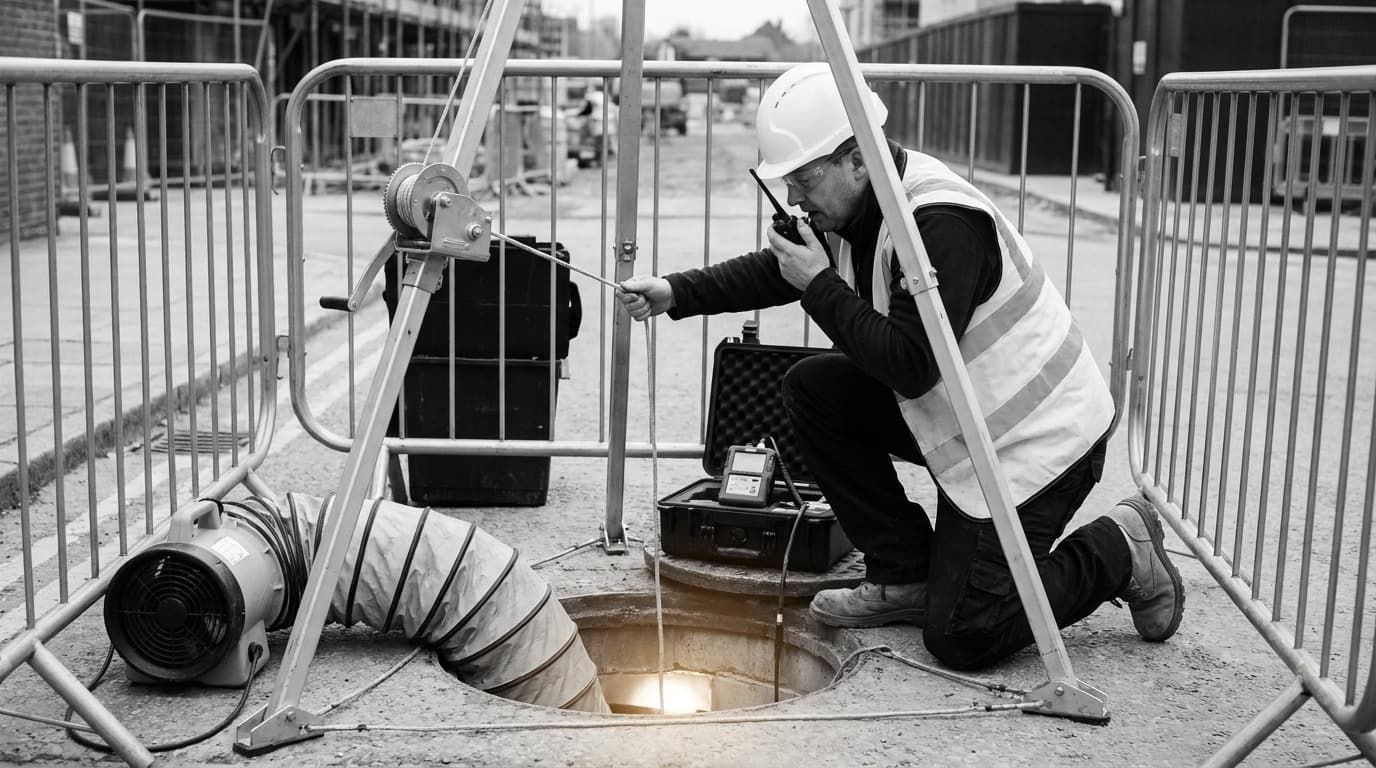 Siyah beyaz fotoğrafta bir işçi açık bir rögarın yanında diz çökmüş, telsiz ve gaz detektörü kullanıyor; yakında üçayak, havalandırma fanı ve hava kanalı hortumu var, güvenlik bariyerlerinin arkasında.
