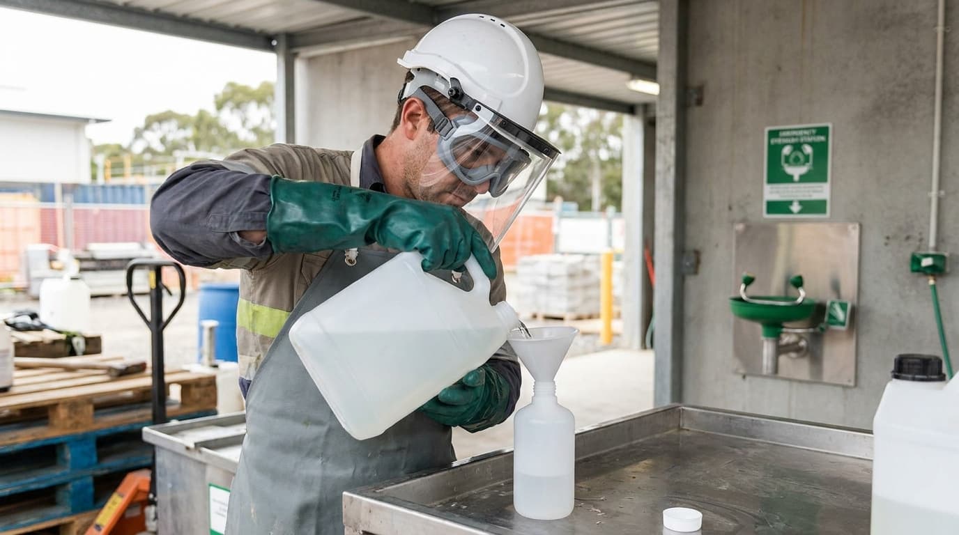 Worker in hard hat, face shield, goggles, and green rubber gloves pours liquid from a jug into a funnel, with an eyewash station on the wall behind.