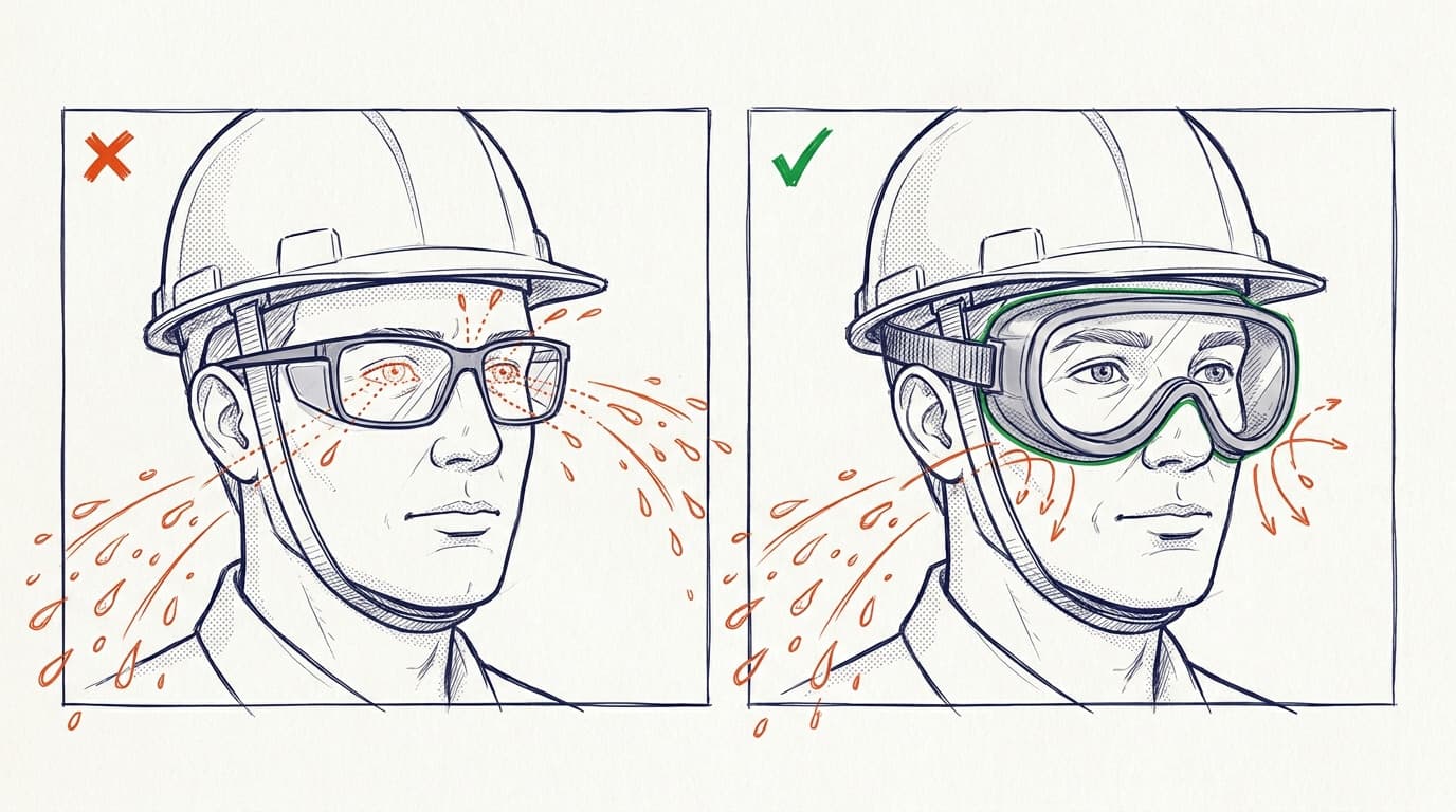 Illustration comparing two men wearing hard hats: one in plain safety glasses with splashes reaching the eyes, marked wrong, one in sealed goggles marked correct.