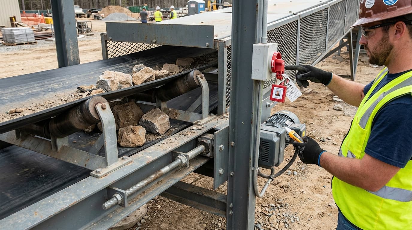 Trabajador con casco y guantes coloca una etiqueta de bloqueo y un candado en el interruptor de desconexión eléctrica de una banda transportadora, cerca de rocas sobre la banda.