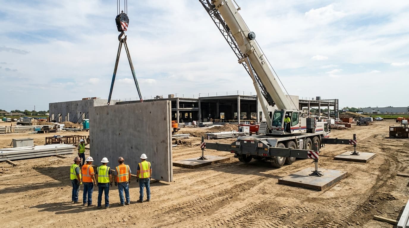 Five workers in hard hats and orange safety vests watch a mobile crane lift a large concrete wall panel on a construction site.