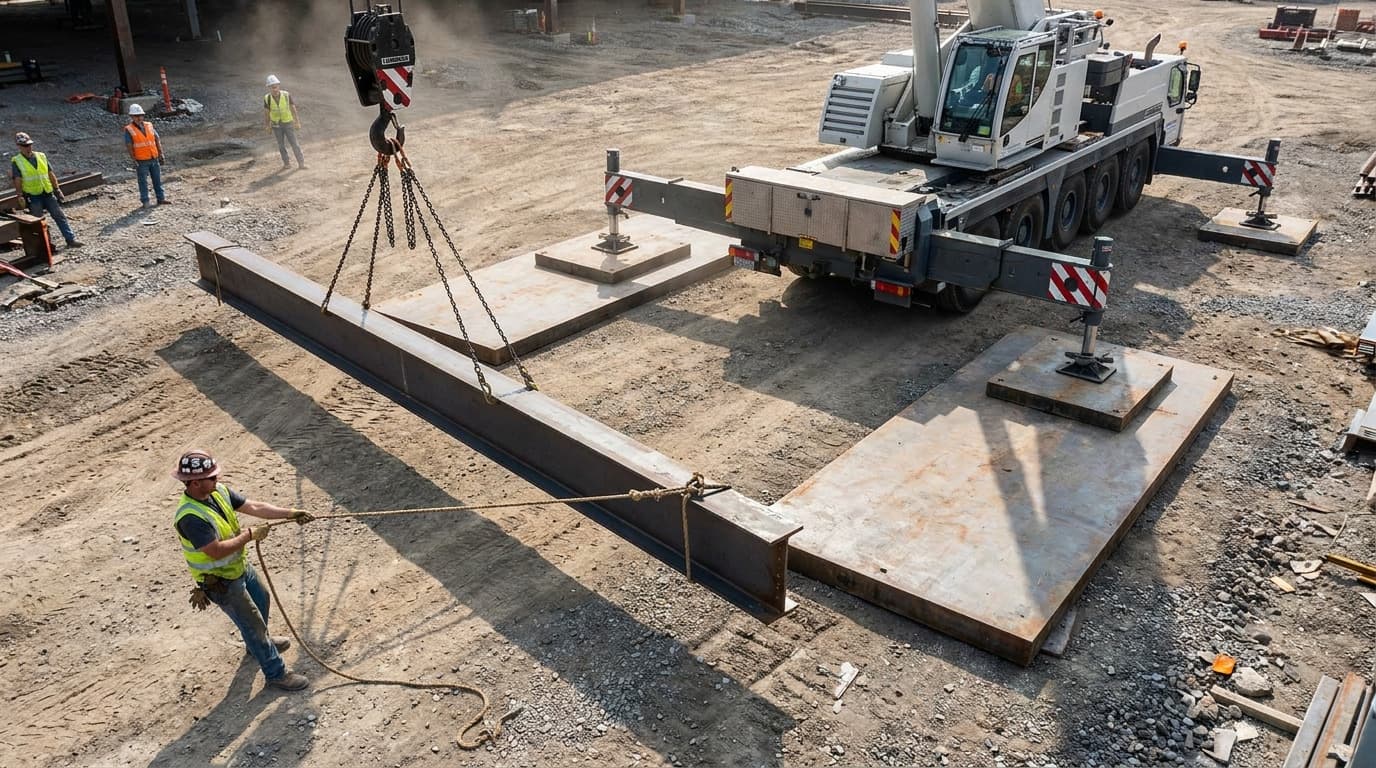 Worker in yellow vest guides a steel beam suspended from crane chains using a tag line rope, with outriggers on steel mats nearby.
