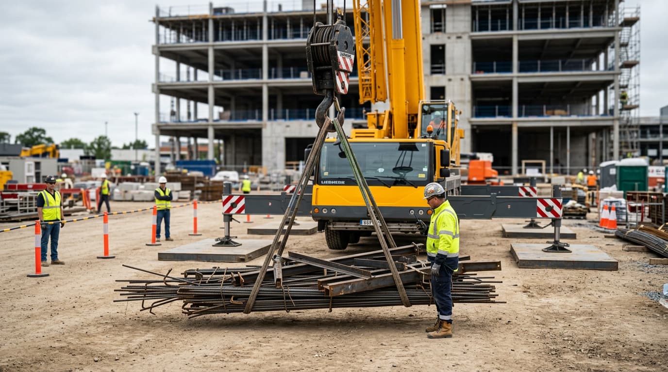 Worker in high-visibility jacket stands beside a bundle of rebar rigged to a crane hook, with a multi-story concrete building under construction behind him.