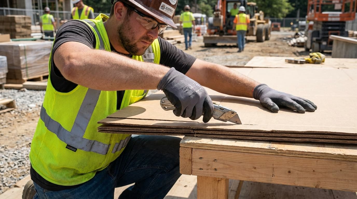 Worker in hard hat, safety glasses, and yellow vest uses a utility knife to cut cardboard sheets on a wooden sawhorse table, with equipment and workers behind.
