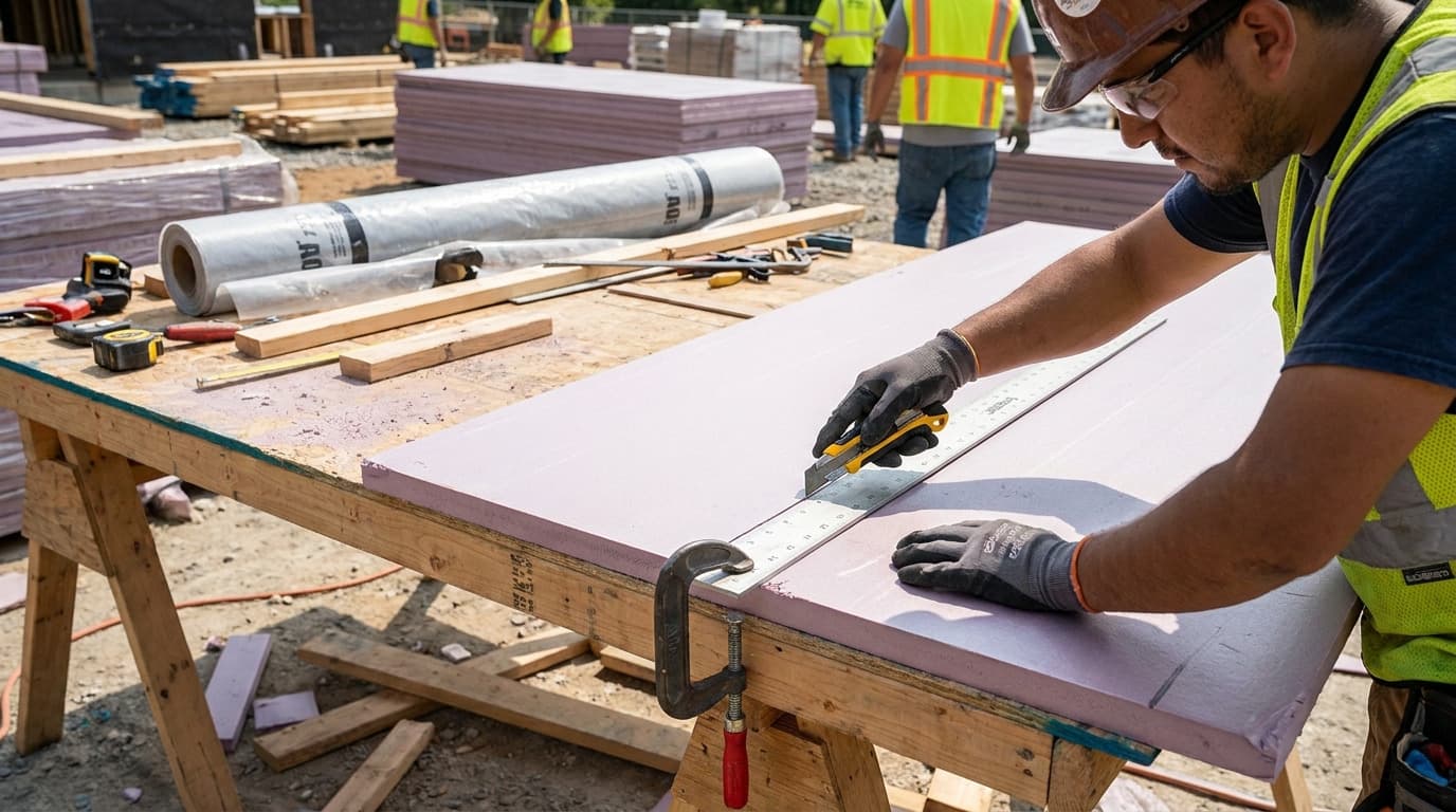 Worker in vest and gloves uses a utility knife along a metal ruler to score pink foam board on a sawhorse table with tools and materials nearby.