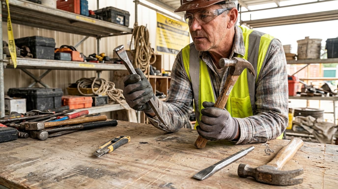 Man in hard hat and safety vest holds a hammer and chisel at a cluttered workbench with more hammers, a utility knife, and tool shelves behind him.