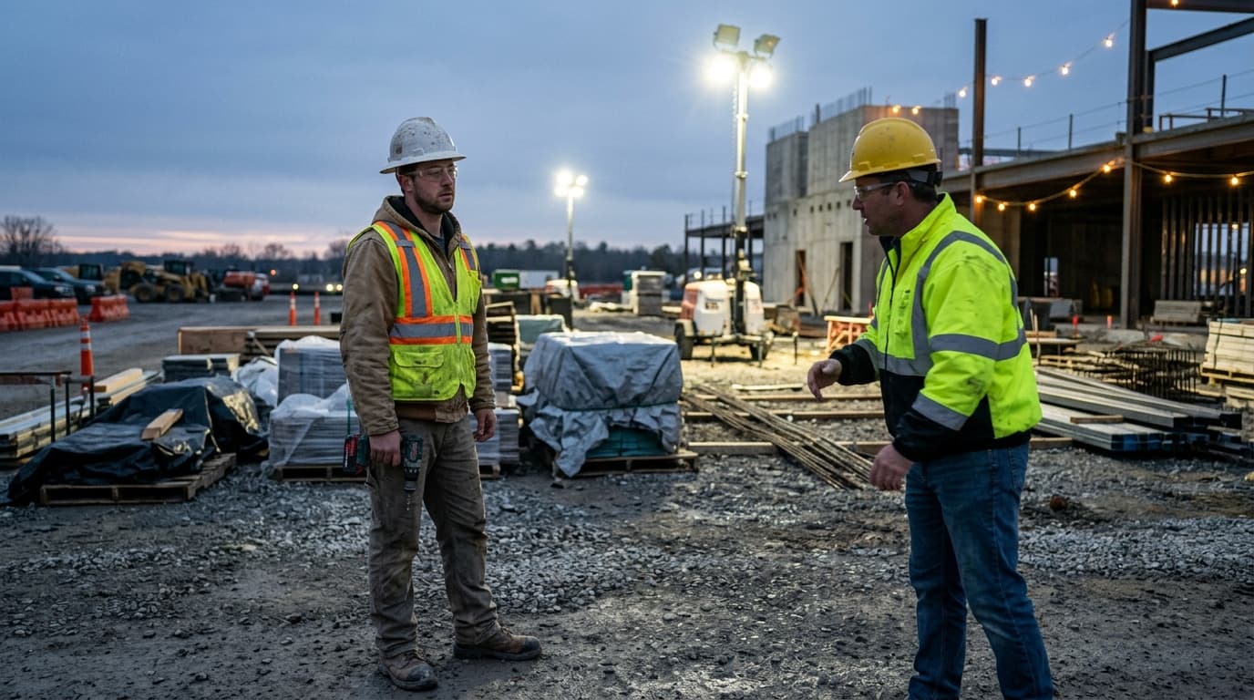Dos trabajadores con casco y chaleco de alta visibilidad conversan al anochecer en una obra de construcción, rodeados de equipos, torres de iluminación y un edificio de concreto.