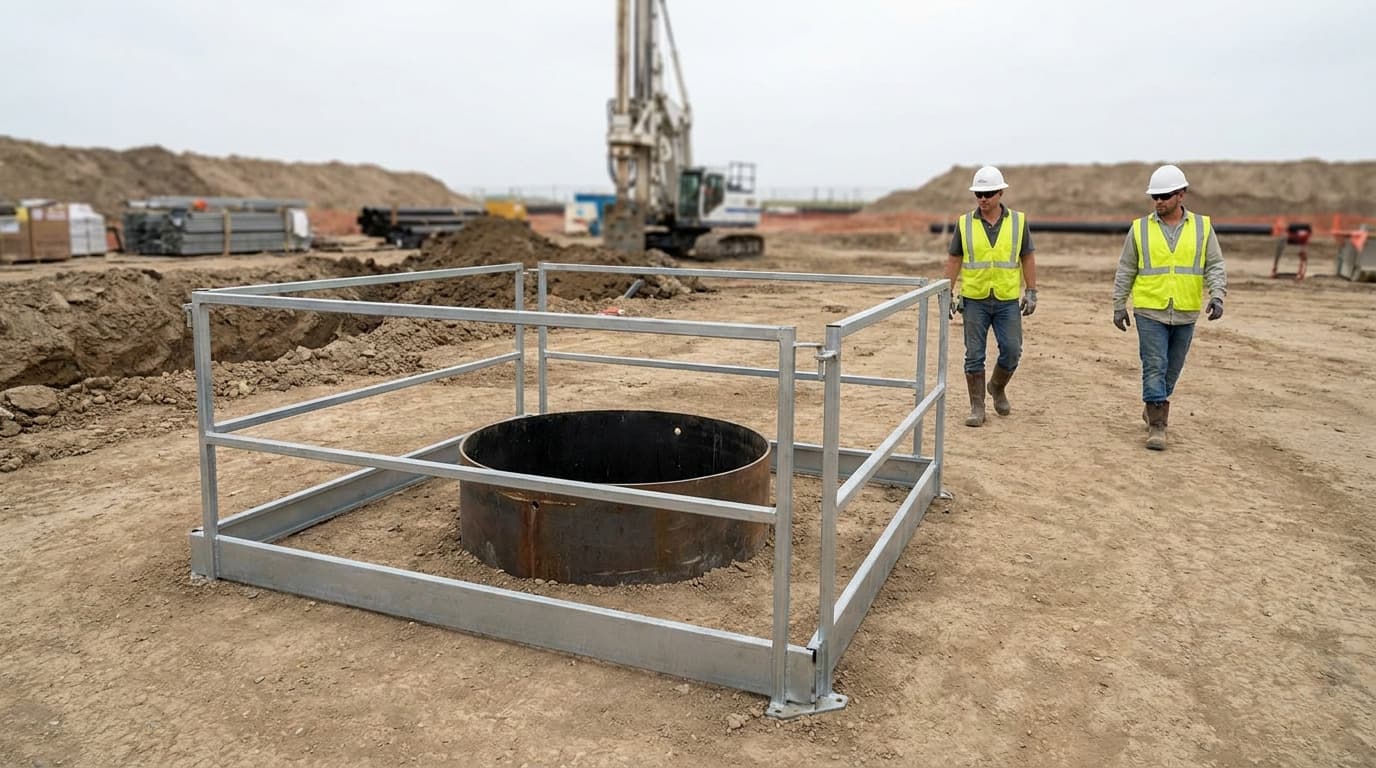 Two workers in hardhats and yellow vests walk on a dirt site near a metal-fenced borehole with a steel casing, drilling rig in background.