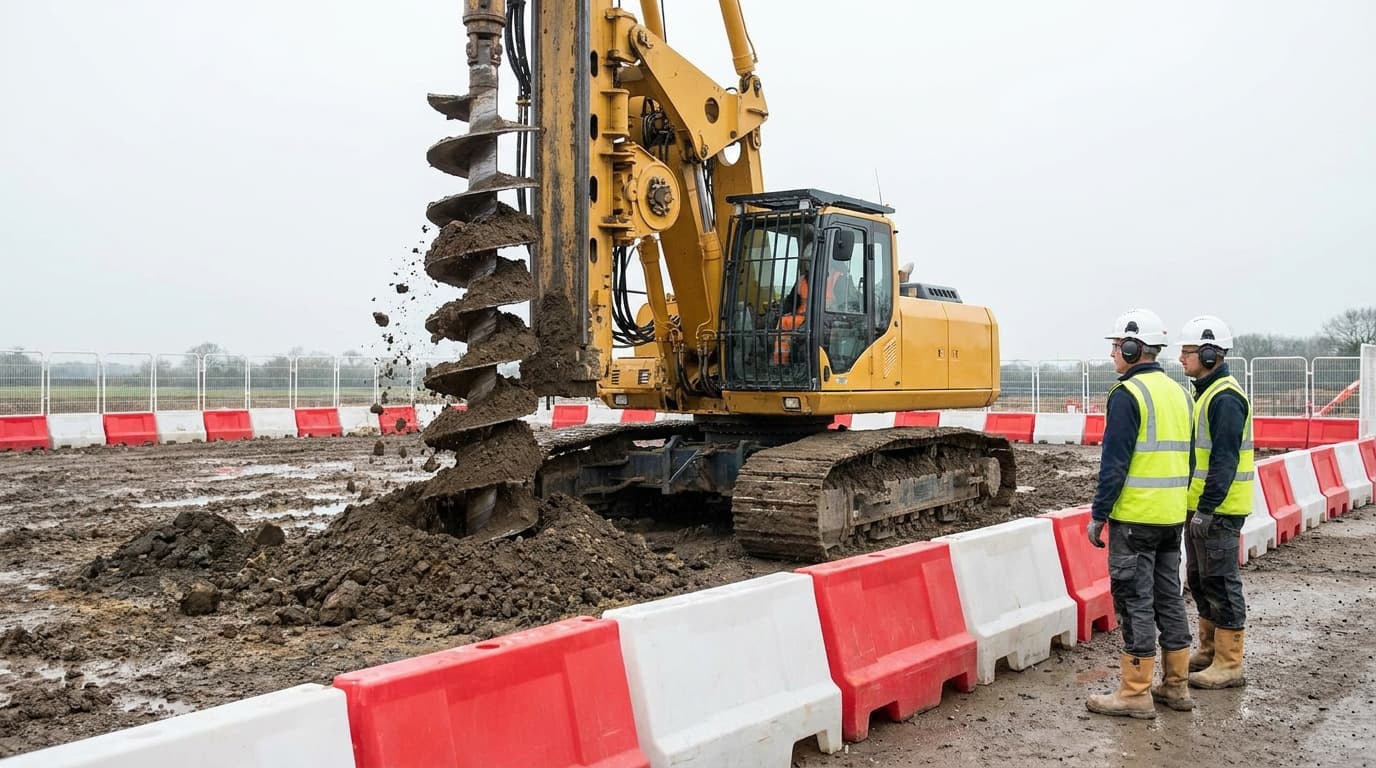 A yellow drilling rig with rotating auger extracts soil from the ground while two workers in hi-vis vests and hardhats watch behind red-and-white barriers.