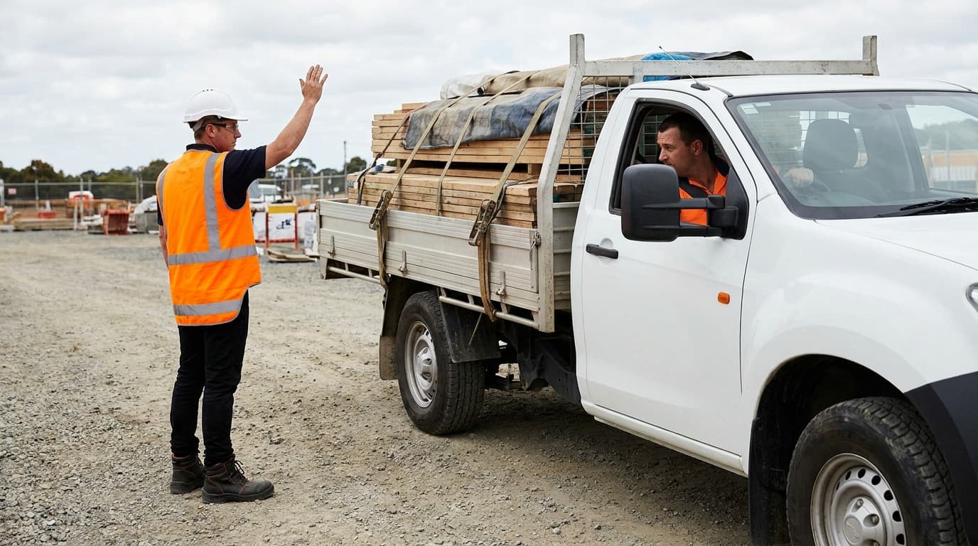 Worker in orange hi-vis vest and white hard hat raises hand to signal a white flatbed truck loaded with strapped timber, driver watching from cab.