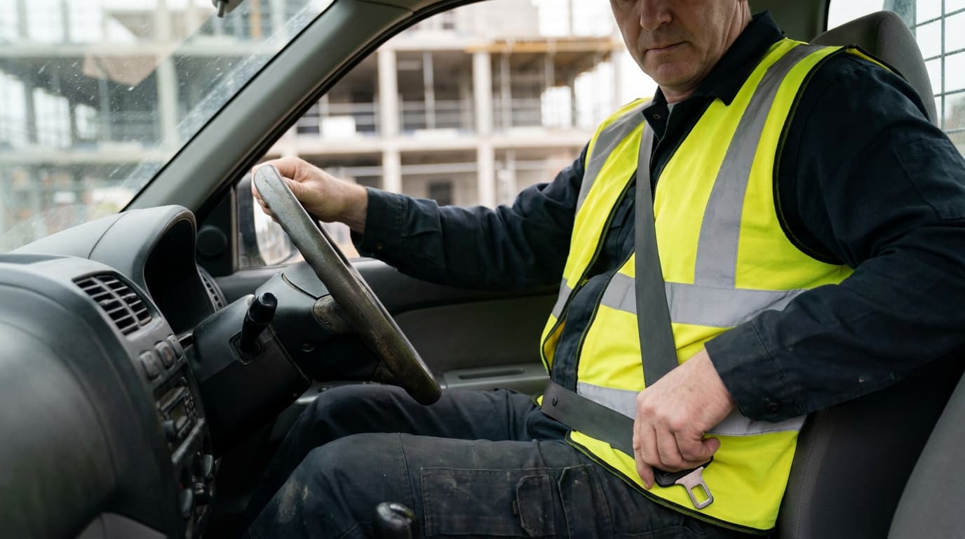 Man in yellow hi-vis vest sits in truck driver seat, fastening seatbelt, with hand on steering wheel and construction building visible outside window.