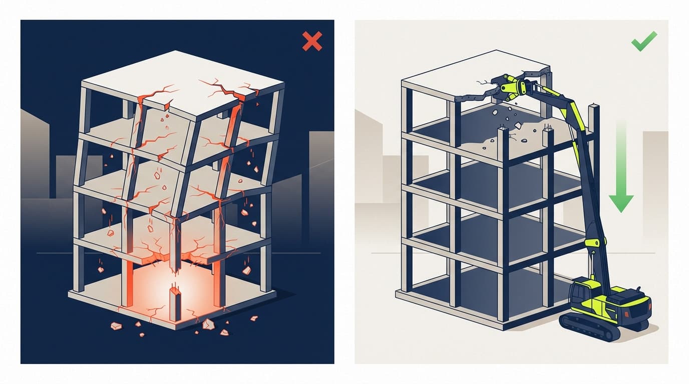 Split illustration: left shows a multi-story concrete frame cracking and collapsing with glowing red fractures under a red X; right shows an excavator with demolition attachment dismantling the frame top-down under a green check.