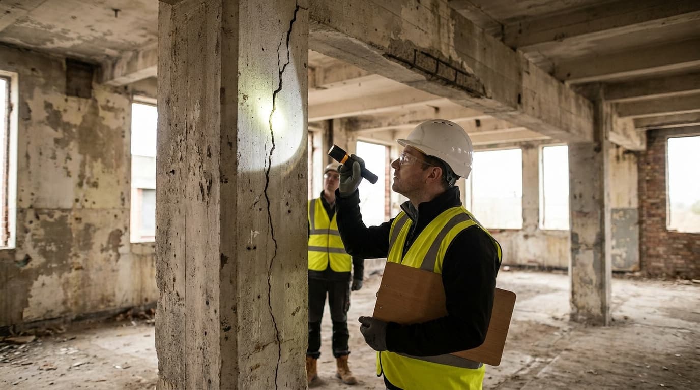 Two workers in hardhats and yellow safety vests inspect a cracked concrete column with a flashlight inside a stripped, derelict multi-story building interior.