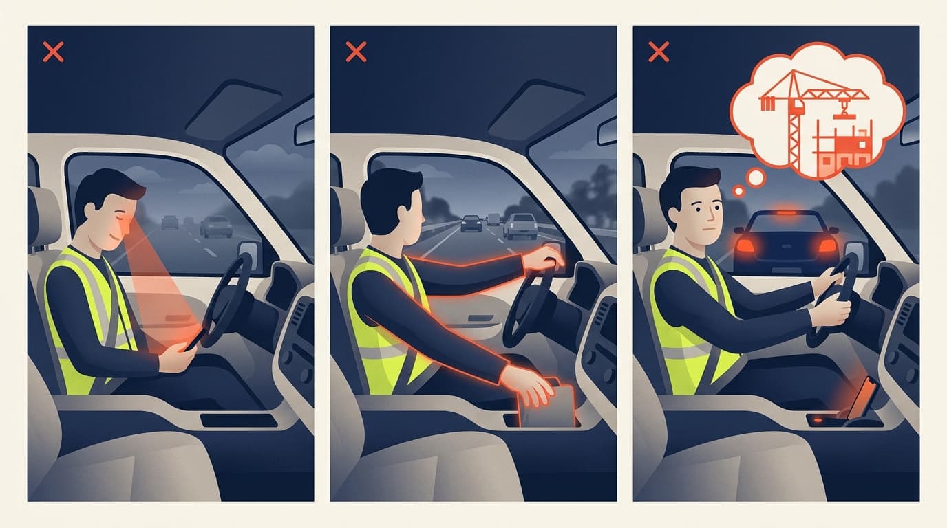 Ilustración de tres paneles de un hombre con chaleco de alta visibilidad conduciendo de noche: con los ojos cerrados, buscando su teléfono y distraído pensando en la obra mientras un auto frena adelante.