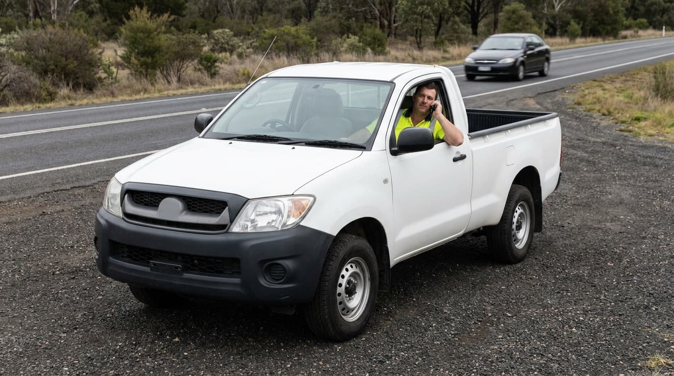 Hombre con camisa amarilla de alta visibilidad sentado en una camioneta blanca al costado de una carretera rural, sosteniendo un teléfono en la oreja mientras un auto pasa por la vía.