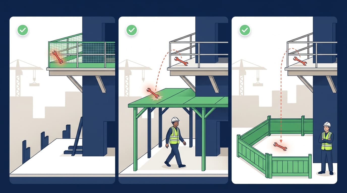 Ilustração em três painéis mostrando uma chave caindo de uma tela de andaime, passando perto de um trabalhador sob uma cobertura e caindo dentro de uma zona isolada por cercas.