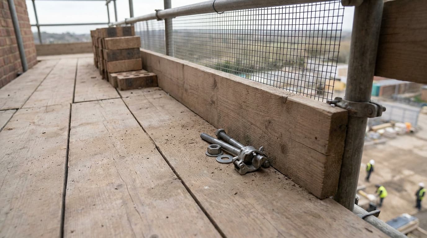 Close de um piso de madeira de andaime com porcas, parafusos e um acoplador soltos perto do rodapé, guarda-corpo tipo tela e tijolos empilhados acima de um canteiro de obras.