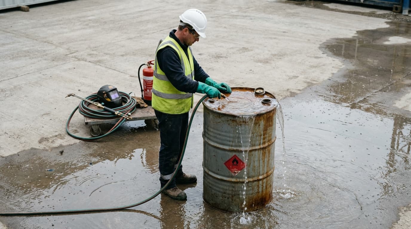 Worker in hard hat, safety glasses, hi-vis vest and green gloves opens a rusty drum marked with a flammable label, liquid overflowing onto a wet concrete yard, welding torch and extinguisher nearby.
