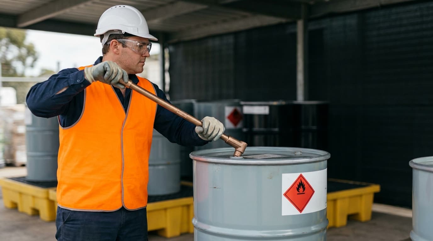 Man in hard hat, safety glasses, orange hi-vis vest and gloves uses a bung wrench on a grey drum labeled with a flammable diamond, other drums on yellow spill pallets behind him.