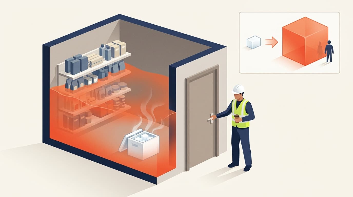 Illustration of a storage room filling with orange gas from an open cooler, a worker in hardhat and vest opening the door holding a drink, with an inset diagram showing gas expansion ratio.