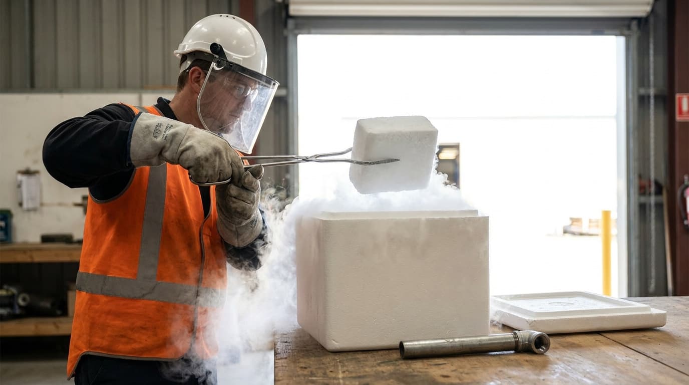Worker wearing hardhat, face shield, and gloves uses tongs to lift a large dry ice block from a foam container, vapor rising in a workshop.
