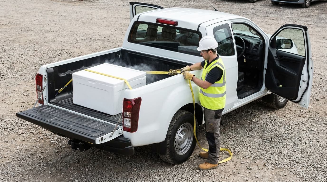 Worker in hardhat and hi-vis vest straps down a steaming foam cooler containing dry ice in the bed of a white pickup truck parked on gravel.